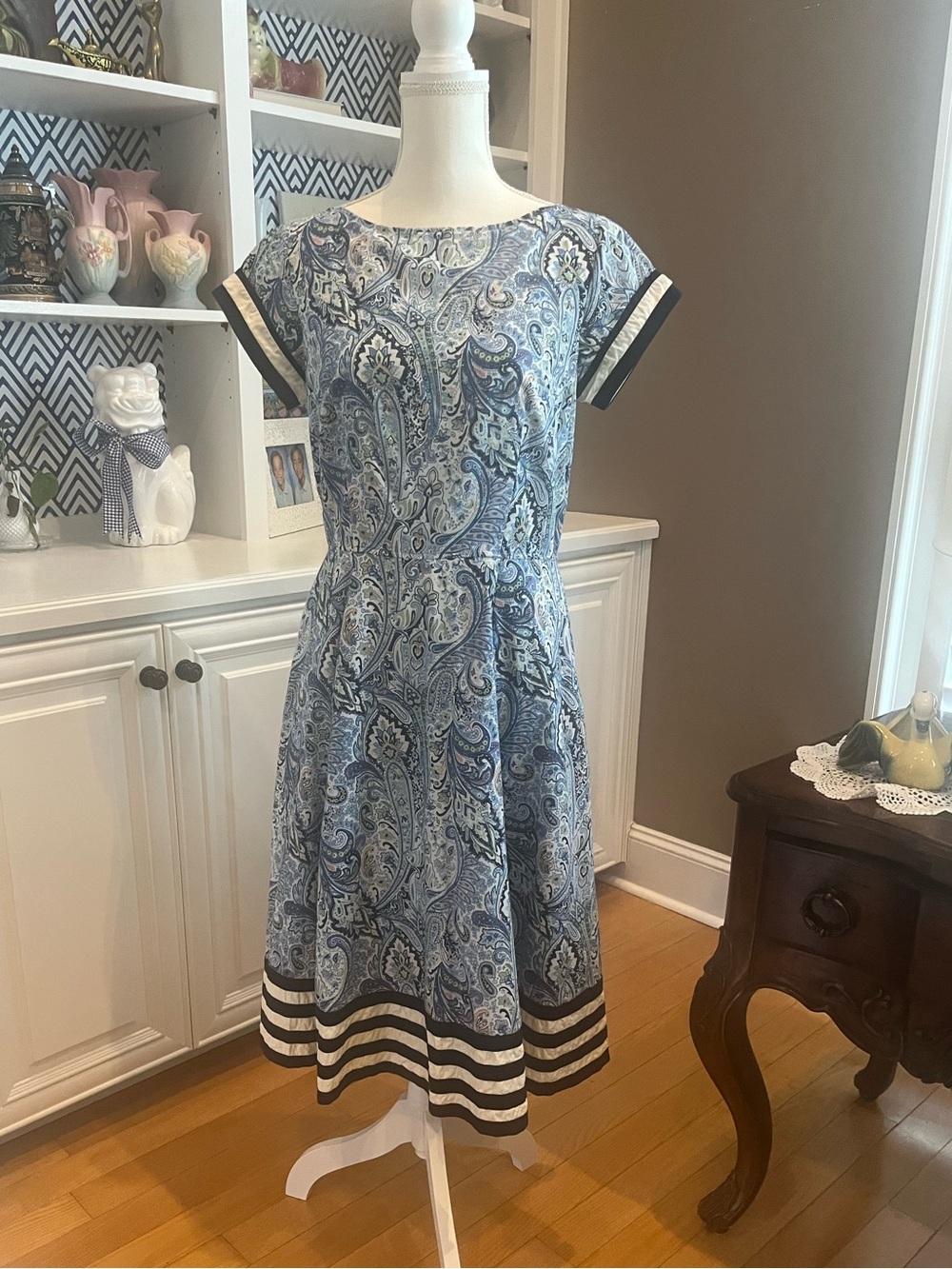 eShakti Medium Blue Paisley Fit-and-Flare Dress with Contrast Trim